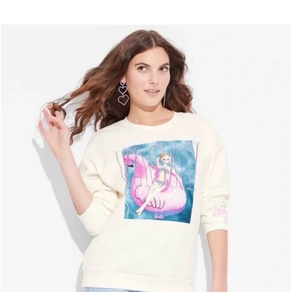 Barbie Off-White Sweater with Pink Graphic Vacay Mode size S